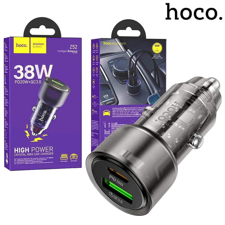 Hoco (Z52) » Incarcator Auto, 38W, 1xUSB-C, 1xUSB QC3.0, Fast, CLEAR/Black 1