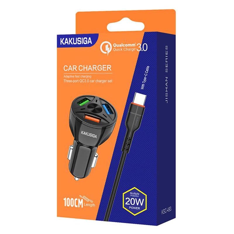 Kaku (KSC-493) - Incarcator Auto + Cablu USB-C, 20W, 3xUSB-A, QC 3.0, Black 1