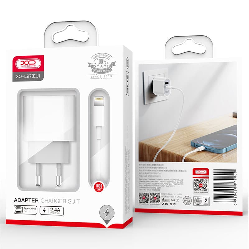 XO (L97) - Incarcator Retea + Cablu Lightning, 2.4A, 1xUSB-C, 1xUSB-A, PD, QC 3.0, White 1