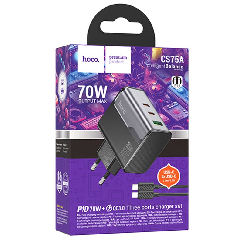 Hoco (CS75A) - Incarcator Retea + Cablu USB-C, 1m, (PD70W+QC3.0) - 2xUSB-C, 1xUSB, FastCharge, Black 1