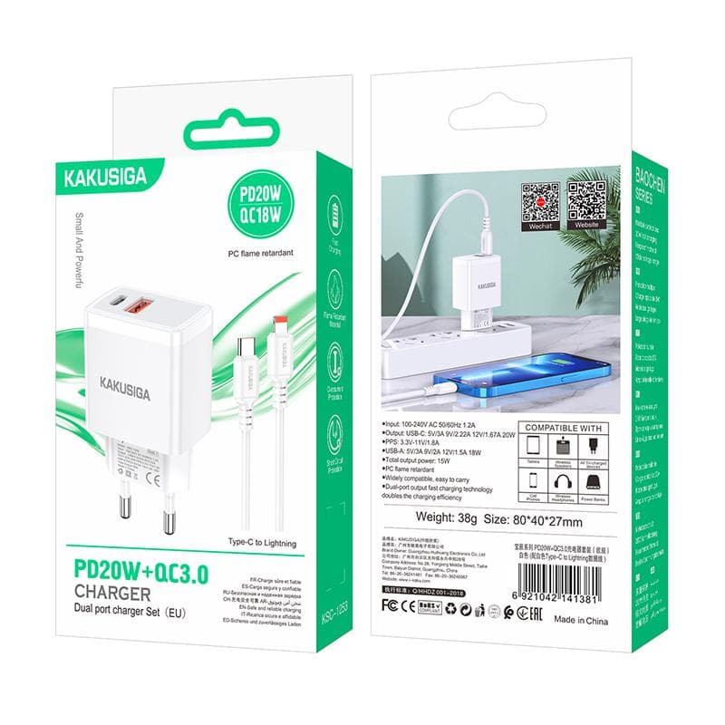 Kaku (KSC-1253) - Incarcator Retea + Cablu Lightning, 1m, PD20W, 1xUSB-C, 1xUSB-A, White 1