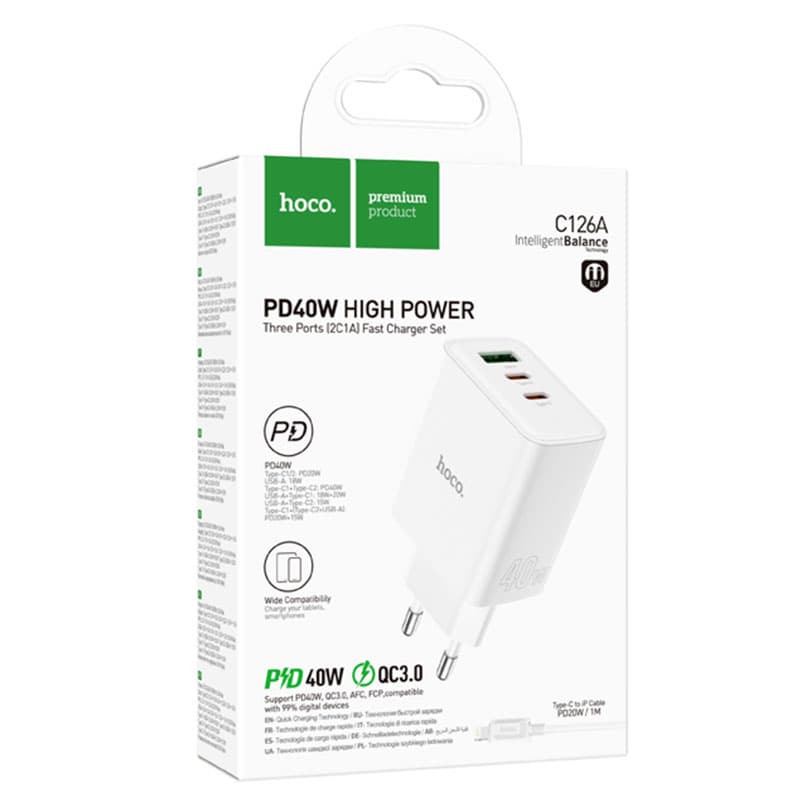 Hoco (C126A) - Incarcator Retea + Cablu Lightning, 40W, 2xUSB-C, 1xUSB-A, PD, QC 3.0, White 1