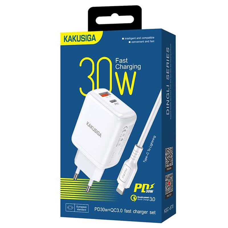 Kaku (KSC-670) - Incarcator Retea + Cablu Lightning, 30W, 1xUSB-C, 1xUSB-A, PD, QC 3.0, White 1