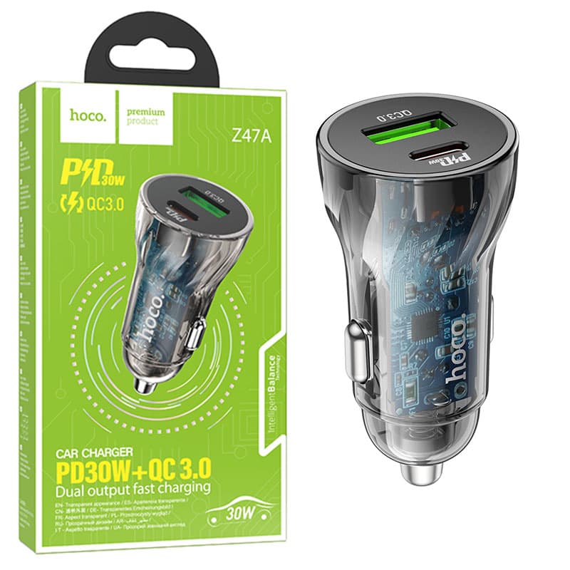 Hoco (Z47A) - Incarcator Auto, 30W, 1xUSB-C, 1xUSB-A, PD, QC 3.0, Black 1