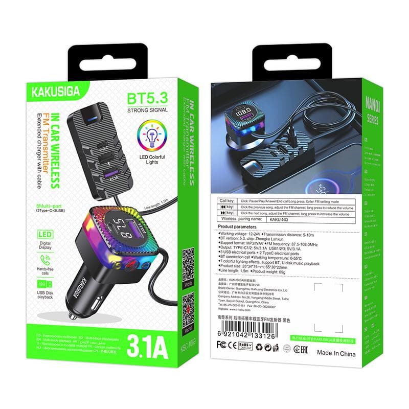 Kaku (KSC-1069) - Modulator FM, 3.1A, 2xUSB-C, 3xUSB-A, QC 3.0, LED Ambient, Black 1