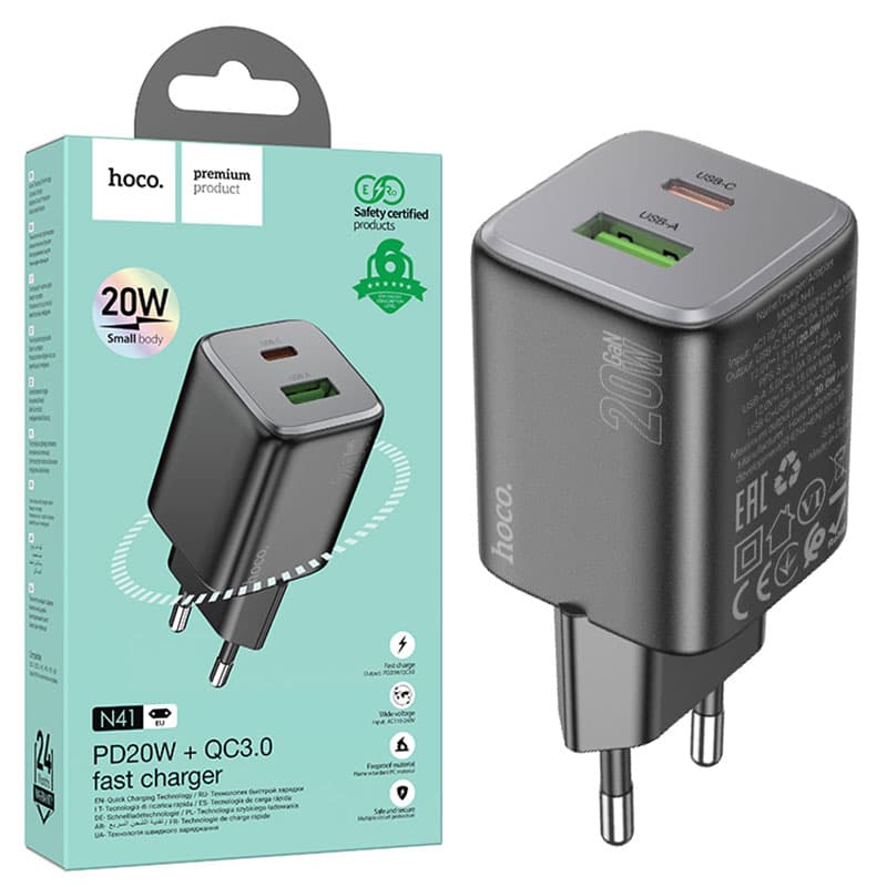 Hoco (N41) - Incarcator Retea, 20W, 1xUSB-C, 1xUSB-A, PD, QC 3.0, Black 1