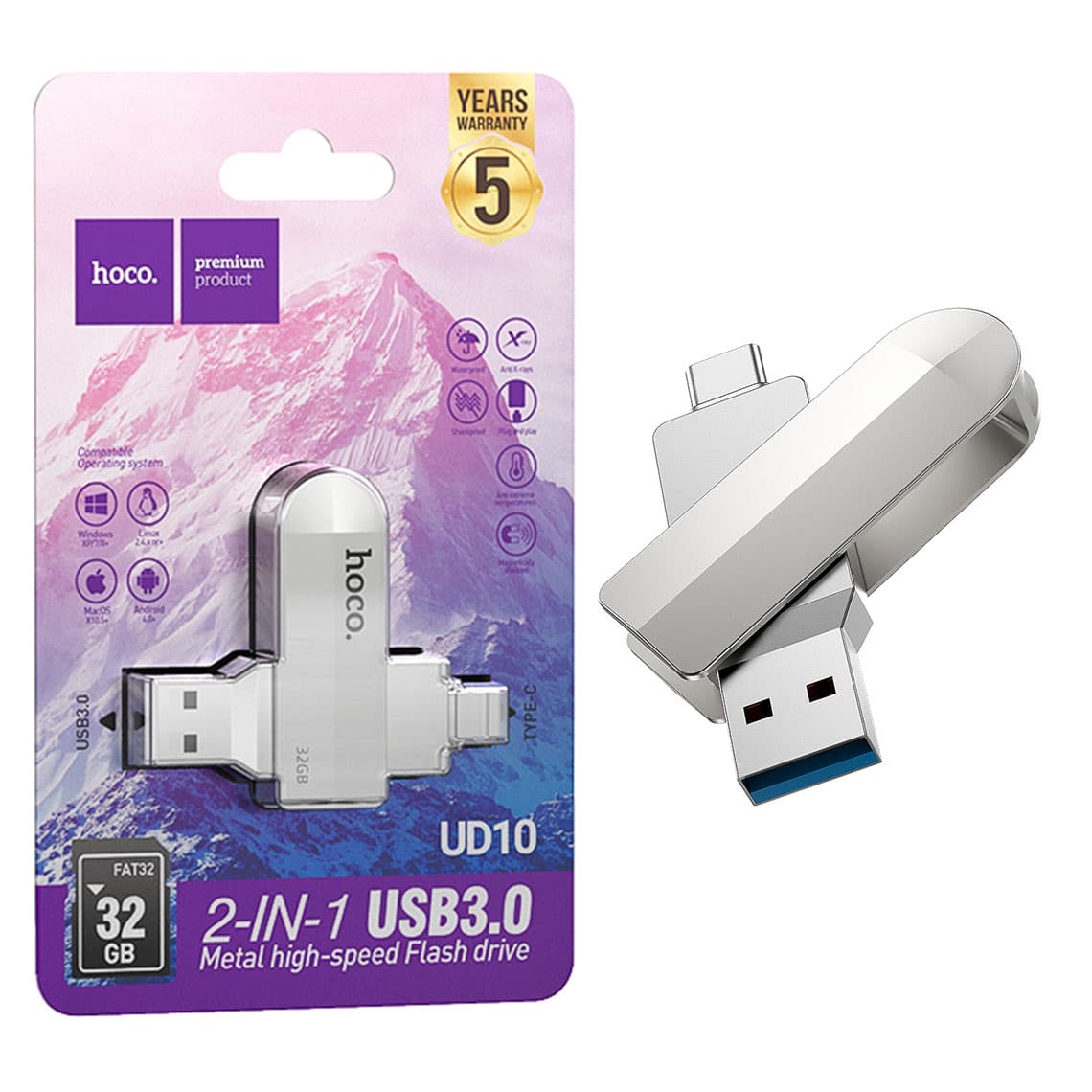 Hoco (UD10) - Memory Stick, 32GB, Dual USB-C + USB-A 3.0, High Speed, Flash Drive, Silver 1
