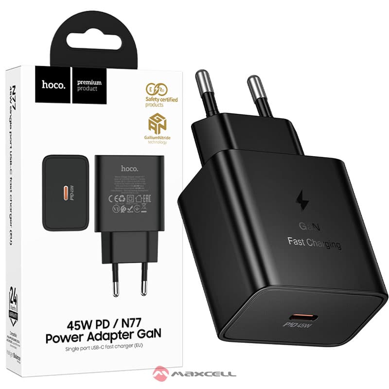 Hoco (N77) - Incarcator Priza, 45W, 1xUSB-C, 1xUSB-A, Black 1