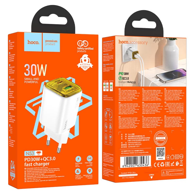Hoco (N53) - Incarcator Retea, PD30W, 1xUSB-C, 1xUSB-A, White 1