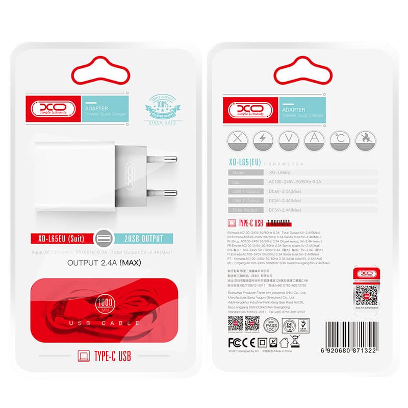 XO (L65) - Incarcator Retea + Cablu USB-C, 2.4A, 2xUSB-A, QC 3.0, White 1