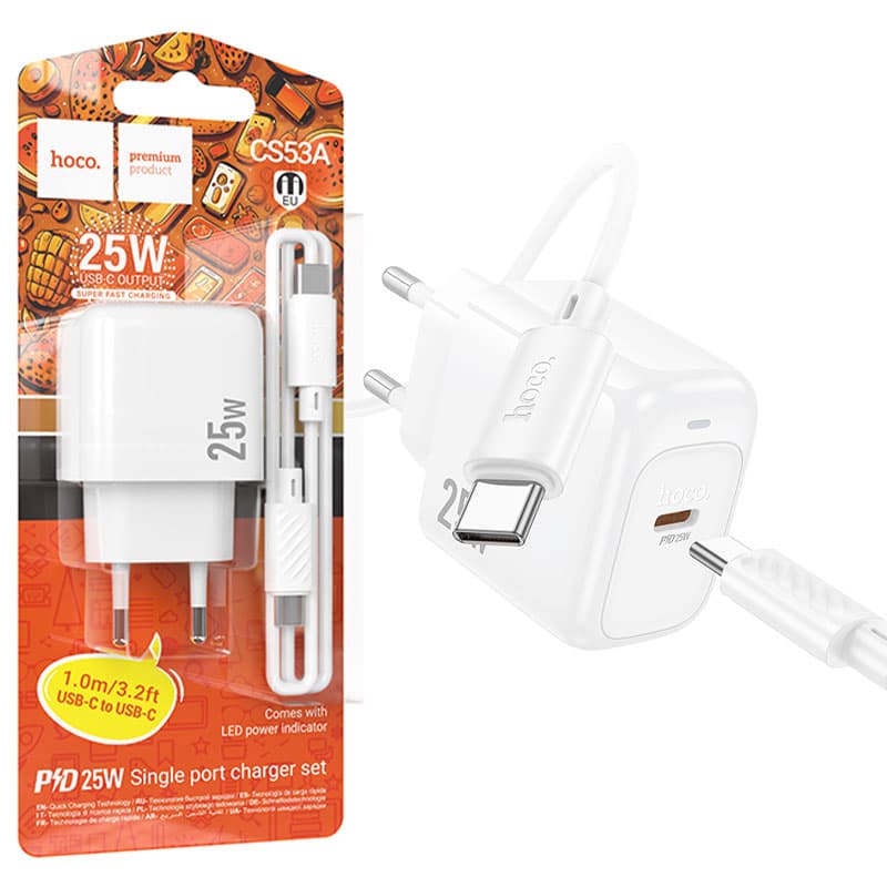 Hoco (CS53A) - Incarcator Retea, PD25W, USB-C + Cablu USB-C, 1m, Fast Charging, White 1