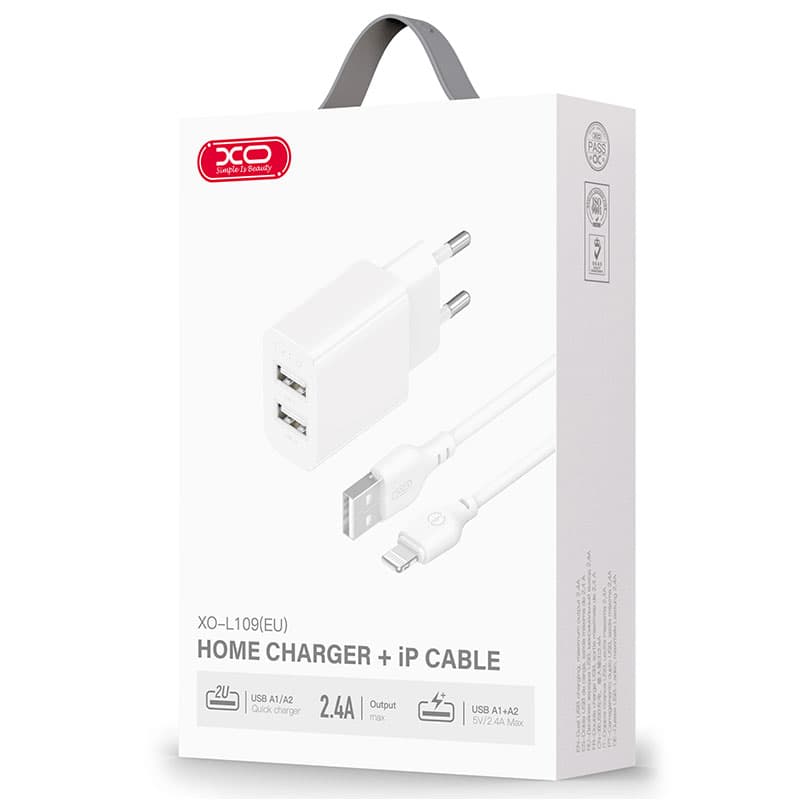 XO (L109) - Incarcator Retea + Cablu Lightning, 2.4A, 2xUSB-A, QC 3.0, White 1