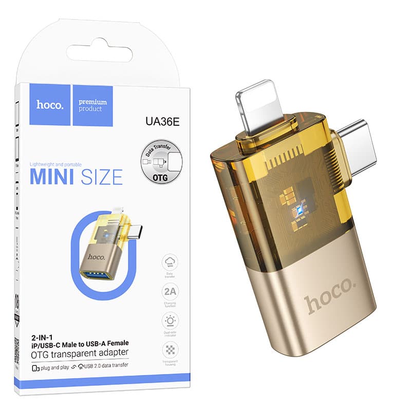HOCO (UA36E) - Adaptor OTG Transfer/Incarcare, USB-C/Lightning la USB-A, 2A, Gold