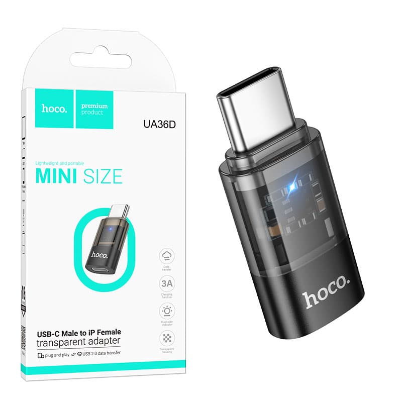 HOCO (UA36D) - Adaptor OTG, Transfer/Incarcare, Lightning la USB-C,3A, Transparent, Black