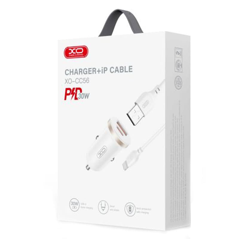 XO (CC56) - Incarcator Auto + Cablu Lightning, 30W, 1xUSB-C, 1xUSB-A, PD, QC 3.0, Compact, White 1