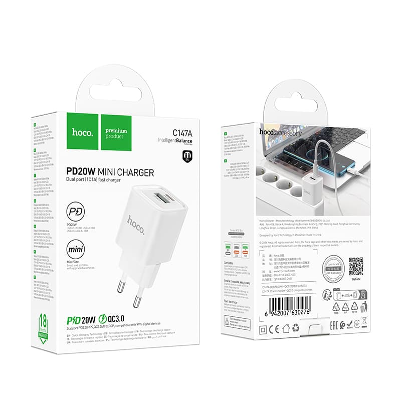 Hoco (C147A) - Incarcator Retea, PD30W, 1xUSB-C, 1xUSB-A, White 1