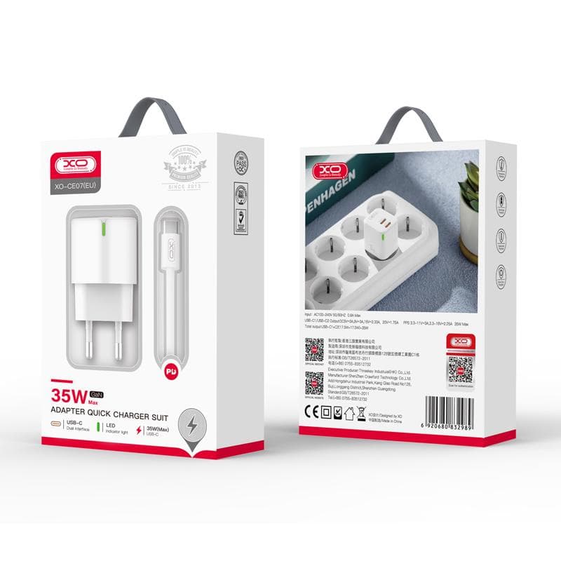 XO (CE07) - Incarcator Retea + Cablu Lightning, 1m, GaN, PD35W, 2xUSB-C, White 1