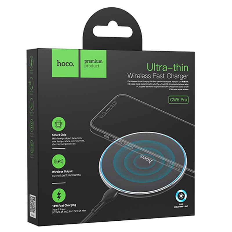 Hoco (CW6 Pro) - Incarcator Wireless, Ultra Thin, 15W, Qi Charging, Ambient Light, Black 1