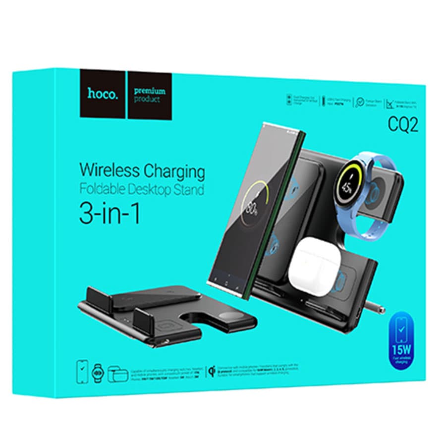 Hoco (CQ2) - Statie Incarcare Wireless, Samsung Series, 5V, 3A, DesktOppo Stand, Magnetic, 3 in 1, Black 1