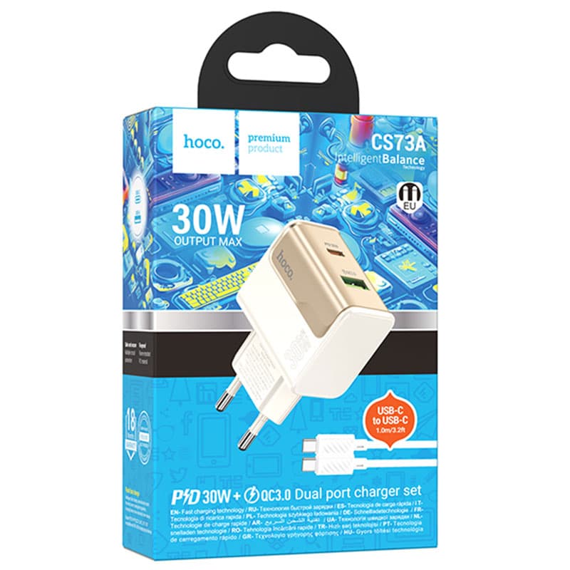Hoco (CS73A) - Incarcatoare Priza cu Cablu, USB-C, 1xUSB-C, 1XUSB-A, PD30W, White 1