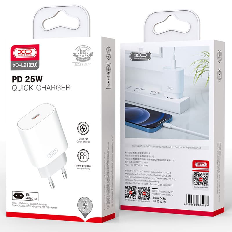 XO (L91) - Incarcator Retea, 25W, 1xUSB-C, PD, White 1