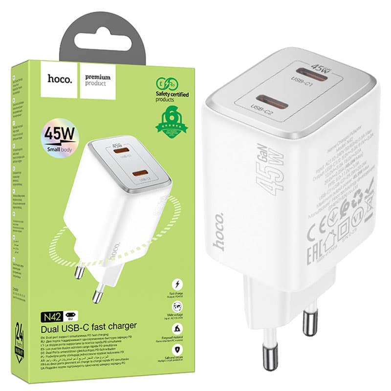 Hoco (N42) - Incarcator Retea, 45W, 2xUSB-A, White 1