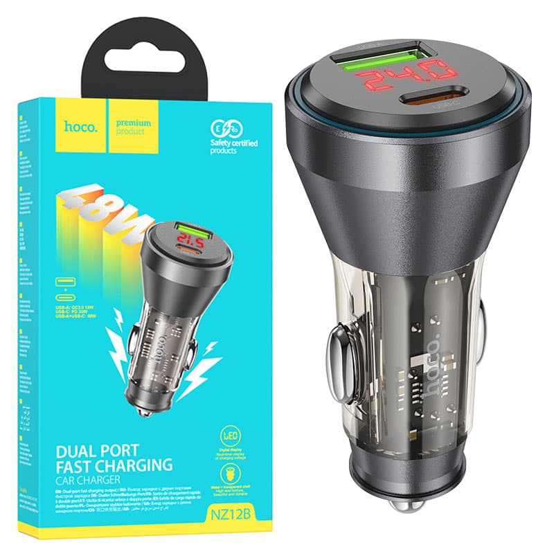 Hoco (NZ12B) - Incarcator Auto, 30W, 1xUSB-C, 1xUSB-A, PD, QC 3.0, Power LED, Clear, Black 1