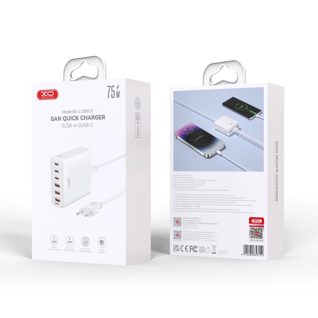 XO (L133) - Statie incarcare, GaN, PD75W, 3xUSB-C, 3xUSB-A, cablu alimentare 1.5m, White 1