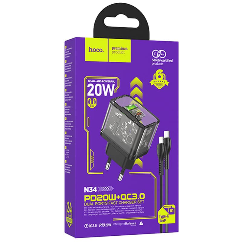 Hoco (N34) - Incarcator Retea + Cablu Lightning, 20W, 1xUSB-C, 1xUSB-A, PD, QC 3.0, Clear, Black 1