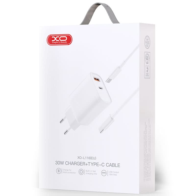 XO (L116) - Incarcator Retea + Cablu USB-C, 30W, 1xUSB-C, 1xUSB-A, PD, QC 3.0, White 1
