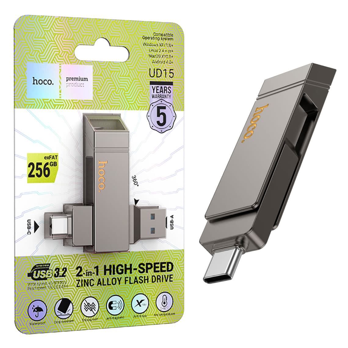 Hoco (UD15) - Memory Stick, 256GB, Dual USB-C + USB-A 3.2, High Speed, Flash Drive, Grey 1