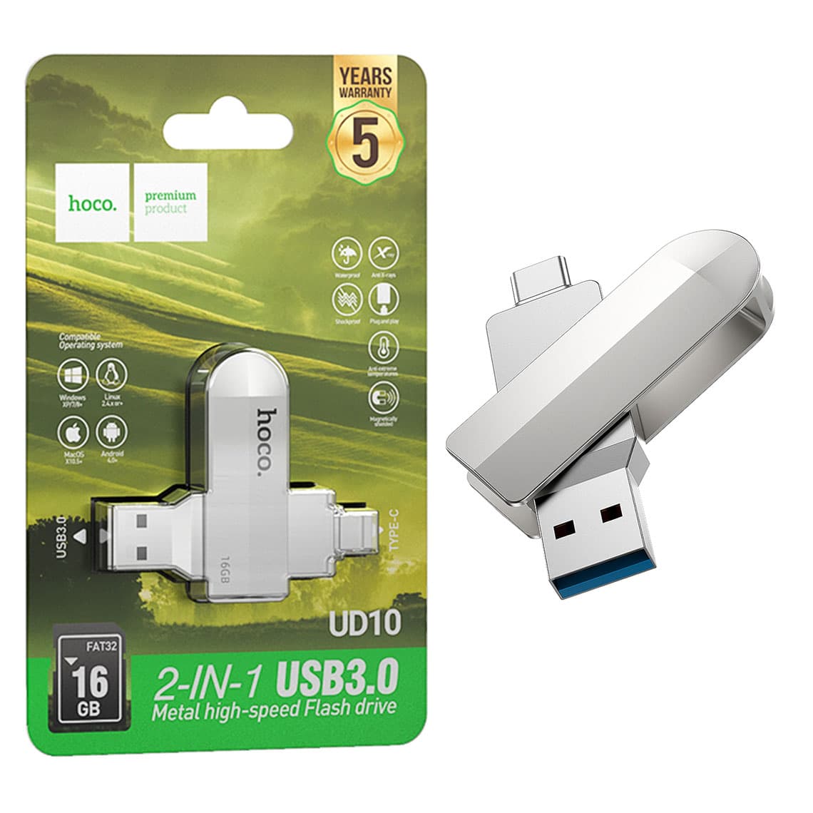 Hoco (UD10) - Memory Stick, 16GB, Dual USB-C + USB-A 3.0, High Speed, Flash Drive, Silver 1
