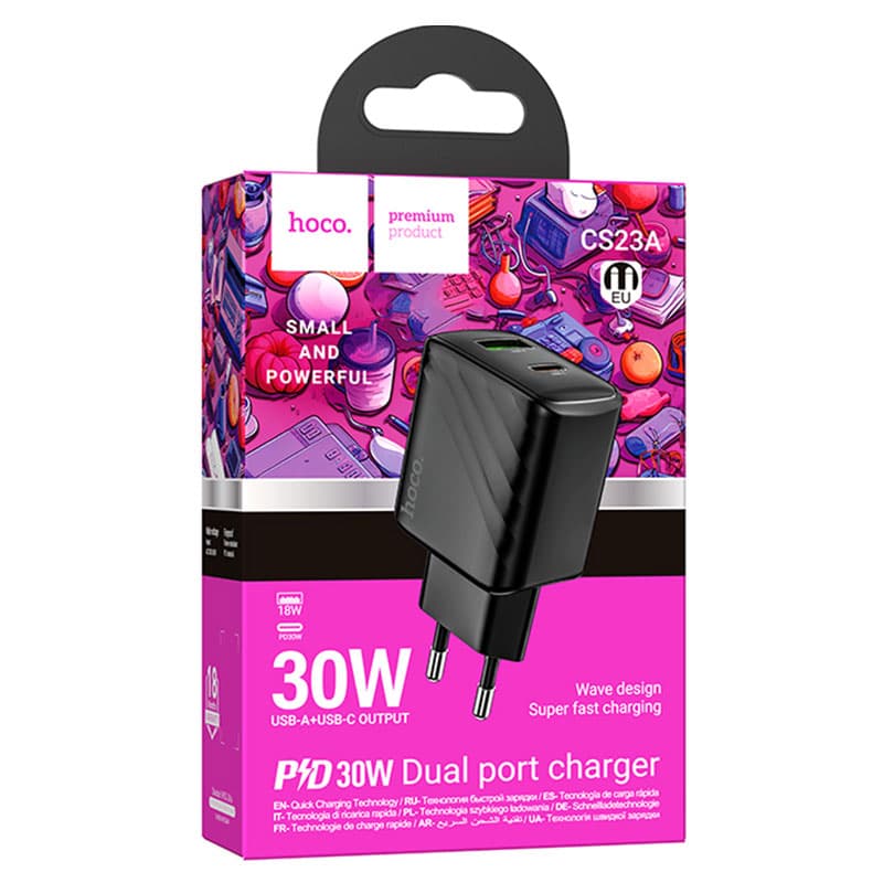 Hoco (CS23A) - Incarcator Retea, PD30W, 5V, 3A, 1xUSB-C, 1xUSB-A, FCP/AFC, Black 1