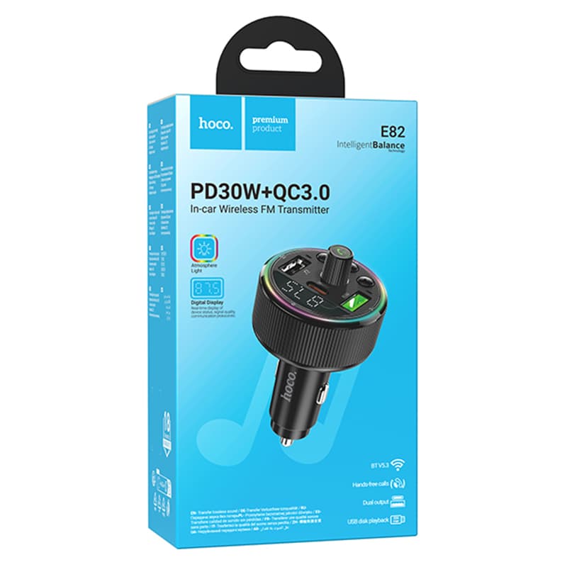 Hoco (E82) - Modulator FM, 1xUSB-C, 2xUSB-A, Inteligent Balance, Ambient Light, Black 1