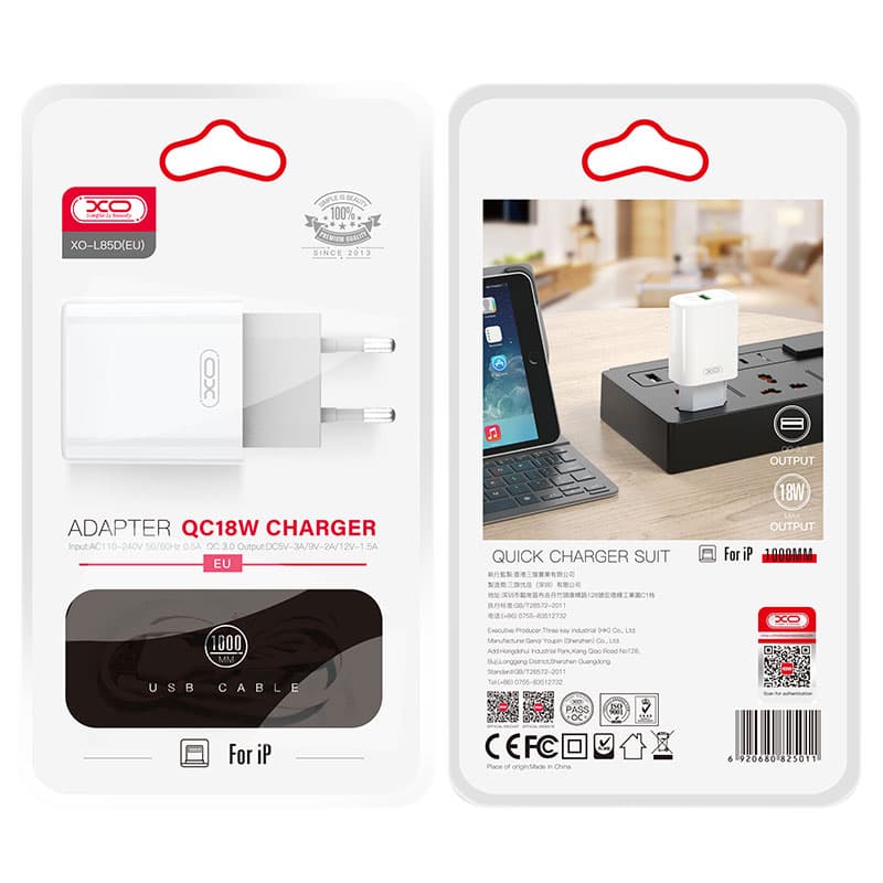 XO (L85D) - Incarcator Retea + Cablu Lightning, 18W, 1xUSB-A, QC 3.0, White 1