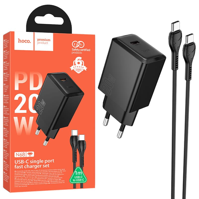 Hoco (N68) - Incarcator Retea, PD20W, USB-C + Cablu USB-C, 1m, Fast Charging, Black 1