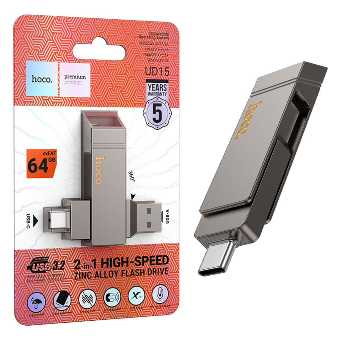 Hoco (UD15) - Memory Stick, 64GB, Dual USB-C + USB-A 3.2, High Speed, Flash Drive, Grey 1