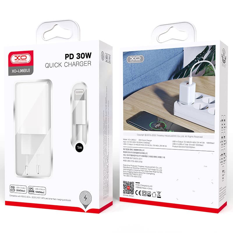 XO (L96) - Incarcator Retea + Cablu Lightning, 30W, 1xUSB-C, 1xUSB-A, PD, QC 3.0, White 1