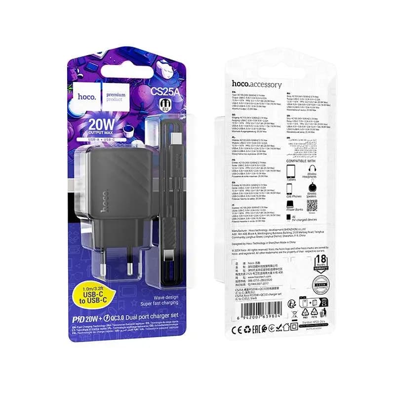 Hoco (CS25A) - Incarcator Retea + Cablu Lightning, 1m, PD20W, 1xUSB-C, 1xUSB-A, Black 1