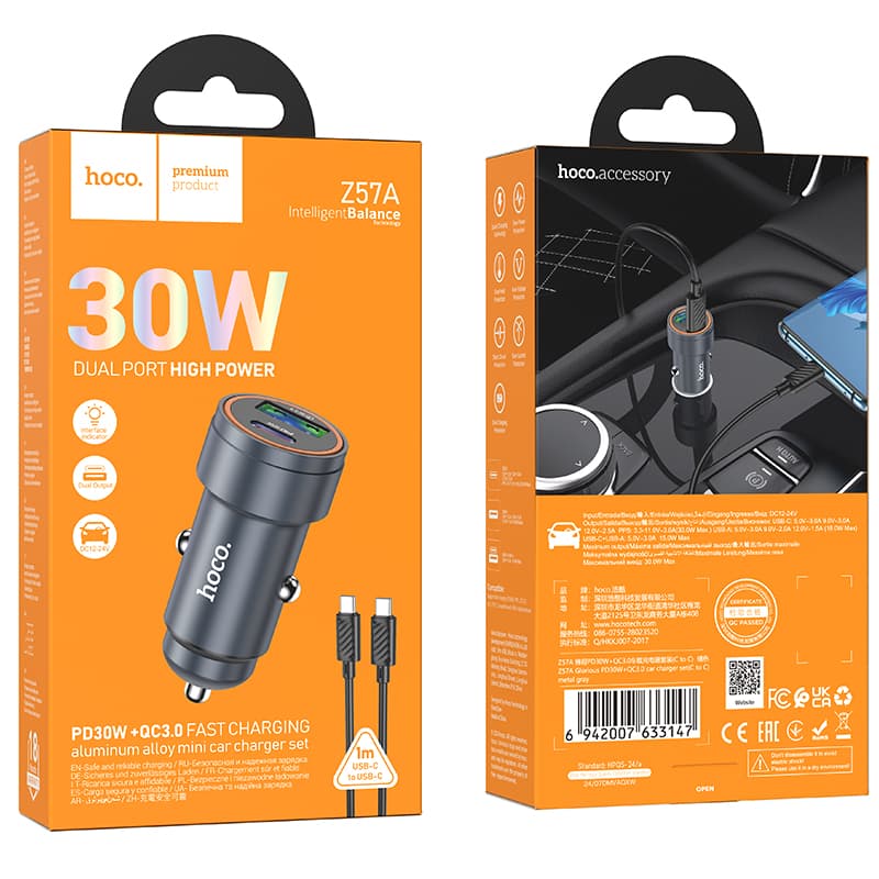 Hoco (Z57A) - Incarcator Auto + Cablu USB-C, 1m, PD30W, 1xUSB-C, 1xUSB-A, Grey 1