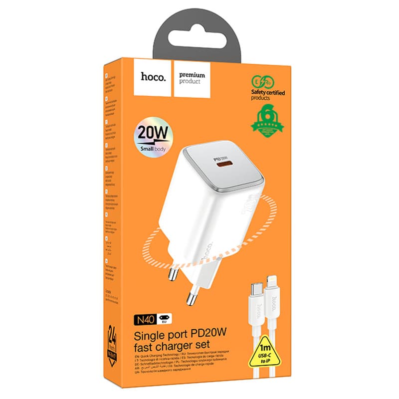 Hoco (N40) - Incarcator Retea + Cablu Lightning, 20W, 1xUSB-C, PD, White 1
