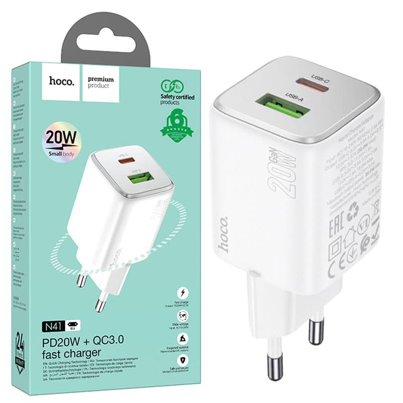 Hoco (N41) - Incarcator Retea, 20W, 1xUSB-C, 1xUSB-A, PD, QC 3.0, White 1
