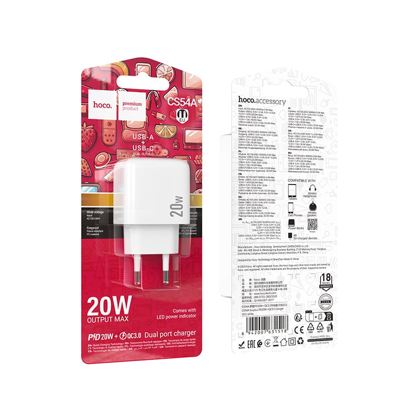 Hoco (CS54A) - Incarcator Retea, PD20W, 1xUSB-C, 1xUSB-A, White 1