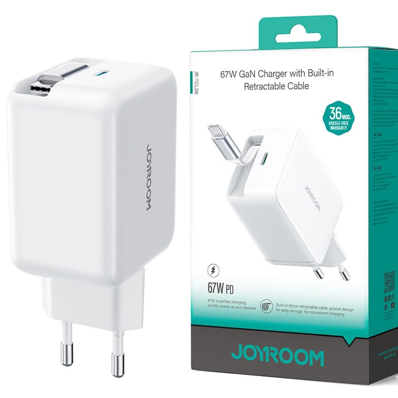 Joyroom (JR-TCL06) - Incarcator Retea, GaN 67W, USB-C cu Cablu USB-C, retractabil, 1m, White 1