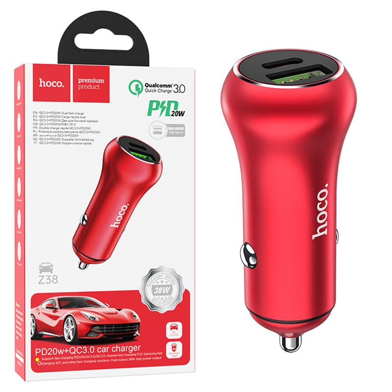 Hoco (Z38) - Incarcator Auto, 20W, 1xUSB-C, 1xUSB-A, PD, QC 3.0, Red 1