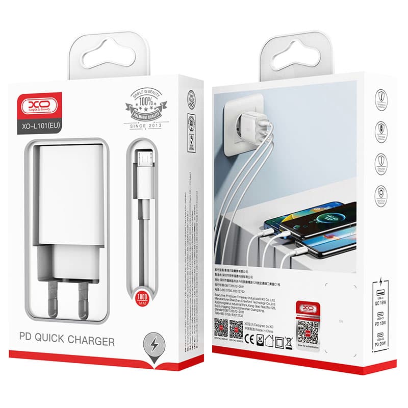 XO (L101) - Incarcator Retea + Cablu MicroUSB, 20W, 2xUSB-C, 1xUSB-A, PD, QC 3.0, White 1