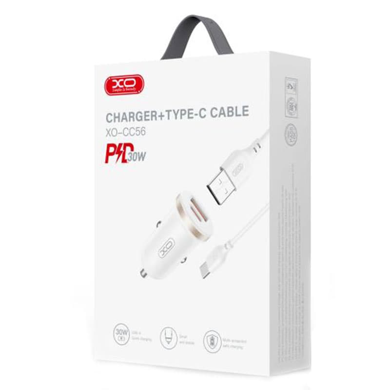 XO (CC56) - Incarcator Auto + Cablu USB-C, 30W, 1xUSB-C, 1xUSB-A, PD, QC 3.0, Compact, White 1