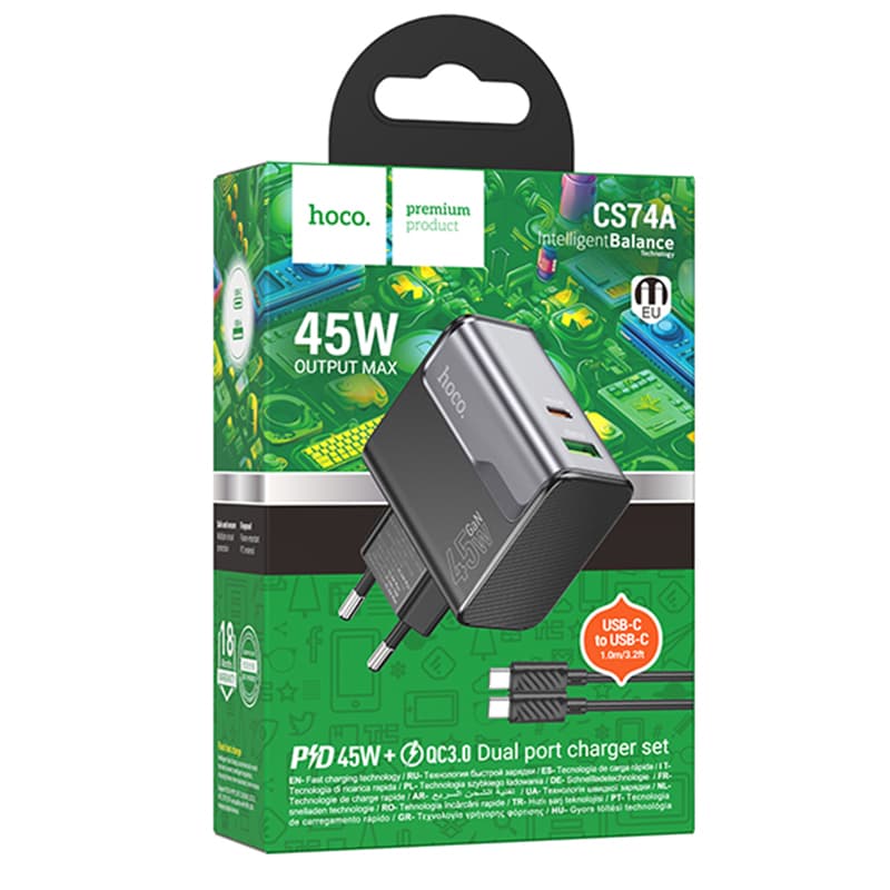 Hoco (CS74A) - Incarcator Retea + Cablu USB-C, 1m, (PD45W+QC3.0) - 1xUSB-C, 1xUSB, FastCharge, Black 1