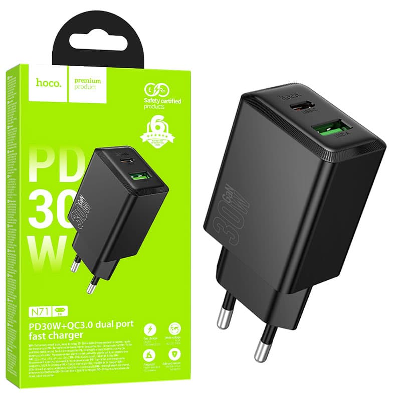 Hoco (N71) » Incarcator Retea, PD30W, 1xUSB-C, 1xUSB, Black 1