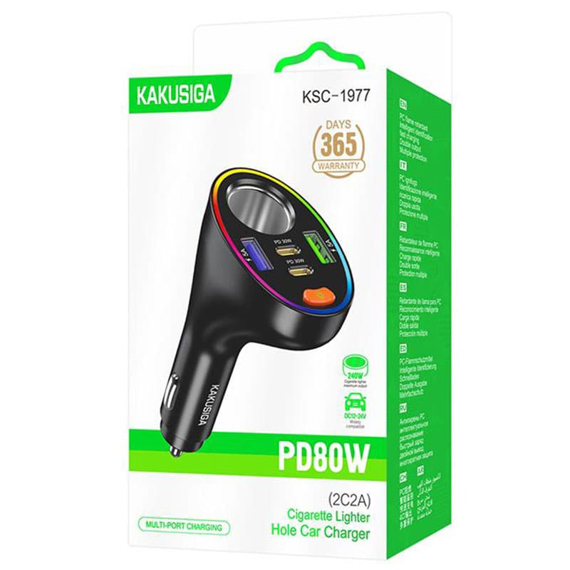 Kaku (KSC-1977) » Incarcator Auto, PD80W, 2xUSB-C, 2xUSB + Priza Auto, Ambinet Light, Black 1